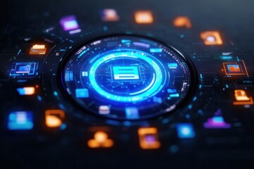 Fototapeta premium Glowing circular digital interface with central file icon, surrounding blue and orange app icons and circuit patterns conveying a futuristic, secure, high-tech network
