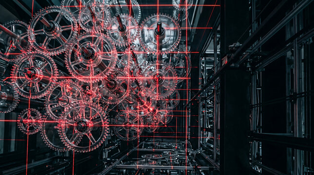 Complex vintage clockwork gears background illuminated with glowing red light overlay, intricate dark mechanical time backdrop, abstract industry concept for steampunk poster and tech banner