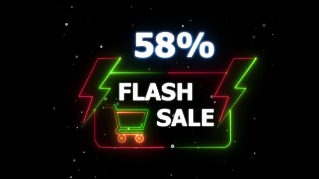 Flash Sale 58 Percent Discount Neon Banner Animation. neon sign Glowing light banner background. Text flash sale by neon lights sign board 4k animation