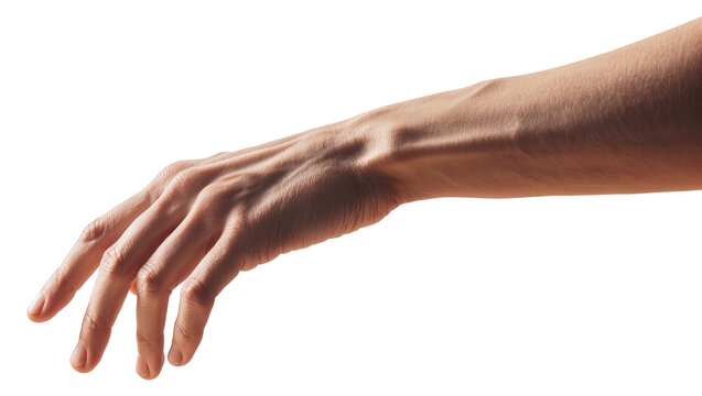Isolated human hand reaching or gently grasping down, male arm with visible veins and skin texture