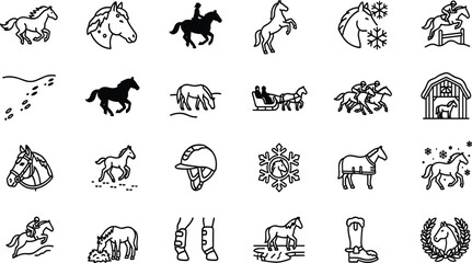 Fototapeta premium Equestrian Sport and Horse Riding Line Icon Set for Winter Racing Training Ranch Breeding Stable Gear Equipment Competitions and Cowboy Lifestyle Graphic Elements