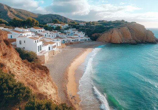 white cliffside village of coastal houses overlooking a golden sandy crescent beach and turquoise sea beside a rocky headland, bathed in calm sunlight under soft clouds, tranquil and idyllic