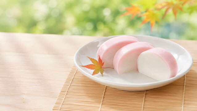 紅白のすあまを竹マットに盛った初秋の和菓子静物写真