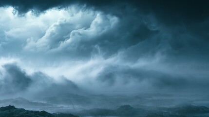 Fototapeta premium Dramatic stormy sky with dark clouds over a distant mountain range, a powerful and ominous weather phenomenon