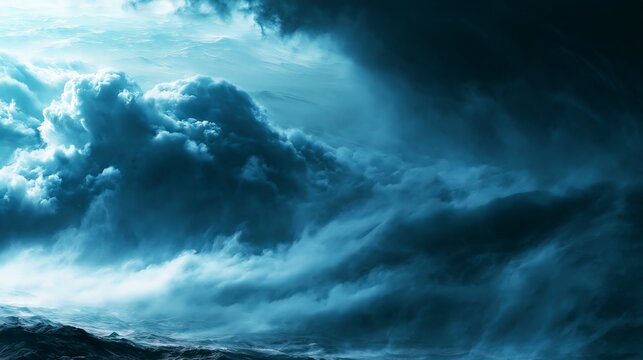Dramatic stormy sky with dark clouds and turbulent ocean waves, a powerful weather phenomenon over the coastline