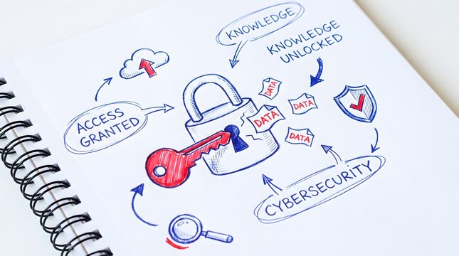 Hand Drawn Illustration Depicting Data Protection Concepts with Key and Padlock for Cybersecurity
