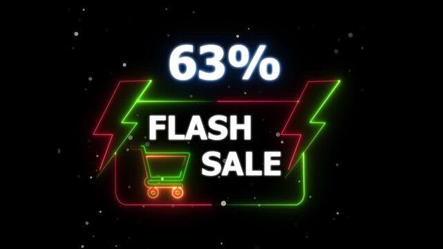 Flash Sale 63 Percent Discount Neon Banner Animation. neon sign Glowing light banner background. Text flash sale by neon lights sign board 4k animation