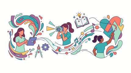 Obraz premium Colorful illustration of people using technology and communicating.