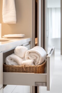 Wicker basket rolled white towels in bathroom drawer for spa styling, cozy bathroom decor background and hospitality interior design mockup