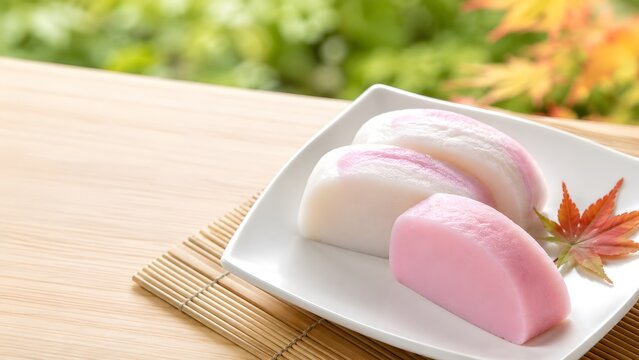 竹マットに添えたすあま 初秋の上品な和菓子の盛り付け写真