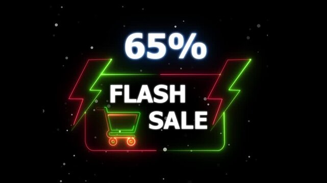 Flash Sale 65 Percent Discount Neon Banner Animation. neon sign Glowing light banner background. Text flash sale by neon lights sign board 4k animation