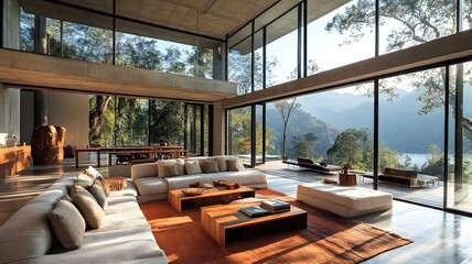 Fototapeta premium Contemporary Living Room with Floor to Ceiling Windows and Mountain View