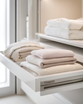 Neatly folded neutral towels closet drawer arrangement for home organization bathroom decor and interior design display