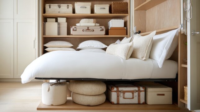 Compact foldaway bed storage travel luggage in built-in closet for small space bedroom design and interior organization