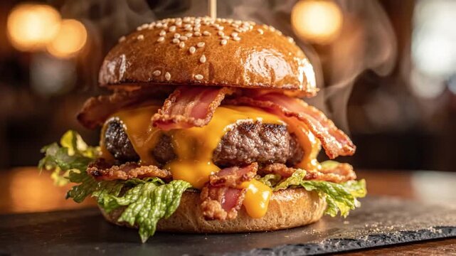 Delicious Gourmet Beef Burger with Melted Cheese and Crispy Bacon Served Hot in a Rustic Restaurant