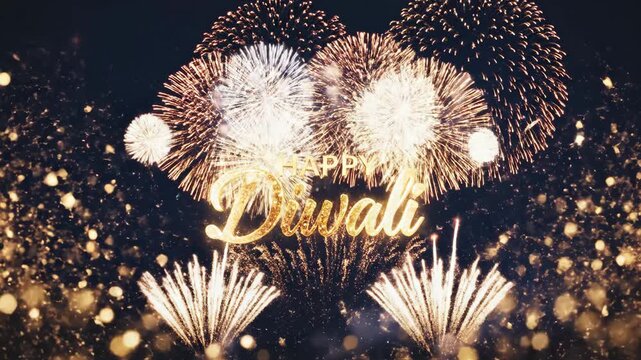 Happy Diwali text with colorful fireworks over night city.
