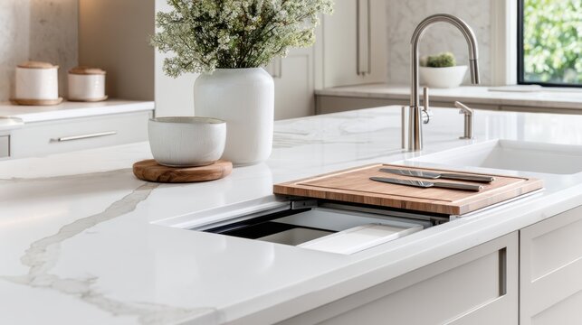 Modern minimalist kitchen island with marble countertop, integrated sink and cutting board for interior design, background, poster and website banner use