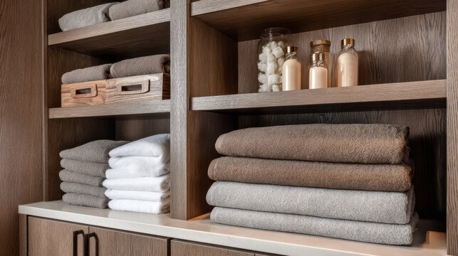 Stacked towels and linen shelving in a spa style closet with jars and wooden boxes for interior design, bathroom decor, storage and spa background