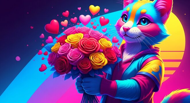 Blue cat character in neon colors holds a rose bouquet and balloons for Valentine's Day and love celebration. Holiday greeting card design.