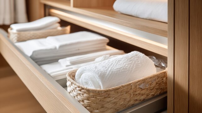 Wicker basket with rolled white towels in wooden drawer for bathroom storage spa display and interior design background for product styling