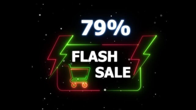 Flash Sale 79 Percent Discount Neon Banner Animation. Text flash sale by neon lights sign board 4k animation on black background &ndash; Shopping Promotion 4K