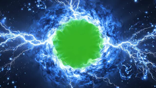 Blue Energy Portal Frame Green Screen VFX. Swirling blue plasma vortex portal with lightning bolts and green screen center for keying.