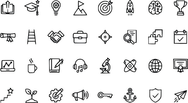 Collection of various icons representing different concepts and activities on transparent background