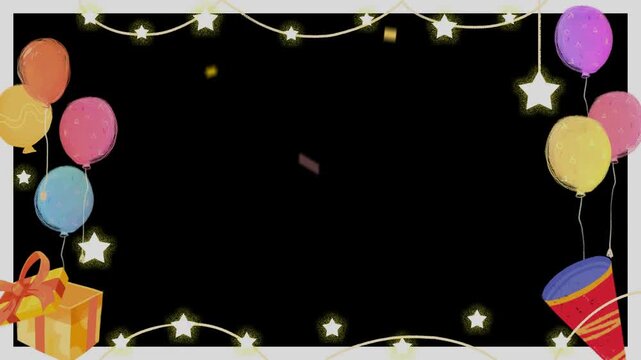 Birthday frame features colorful balloons and gift boxes arranged around a central dark area, serving as a decorative border for invitations or digital greeting cards with plenty of copy space.