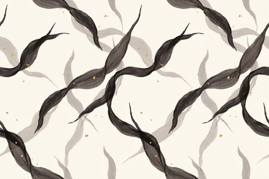 A seamless pattern of flowing dark brown watercolor brushstrokes and small gold flecks on a light cream background, for a fluid, organic aesthetic