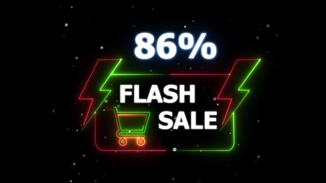 Flash Sale 86 Percent Discount Neon Banner Animation. blinking color for store or bar, Text flash sale by neon lights sign board 4k animation on black background