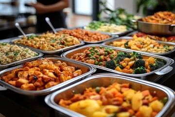 Obraz premium Colorful hot buffet spread of roasted potatoes, mixed vegetables (broccoli, peas, carrots), rice and saucy stews in stainless serving trays, appetizing abundant comfort food ready to serve