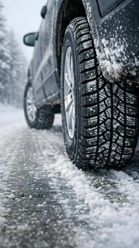 A close-up of a car's wheel with tread marks in the snow.