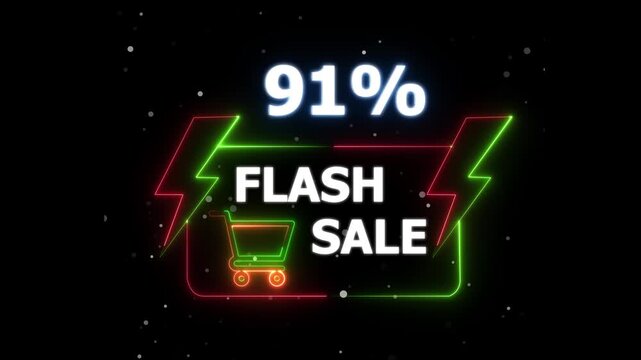 Flash Sale 91 Percent Discount Neon Banner Animation. blinking color for store or bar, Text flash sale by neon lights sign board 4k animation on black background