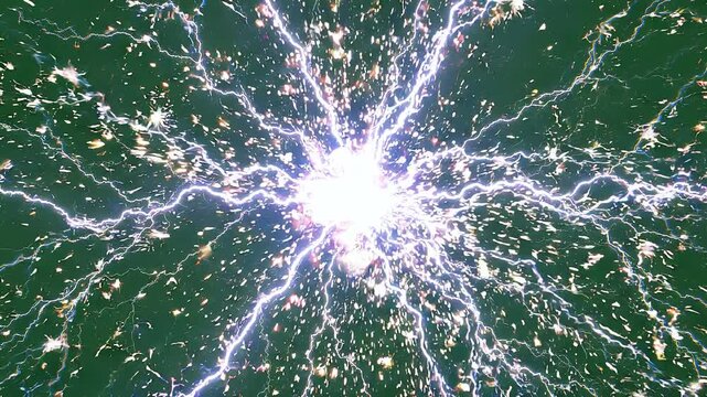 Electric Energy Explosion Green Screen VFX. Powerful electrical spark explosion with lightning bolts on green screen background for visual effects.