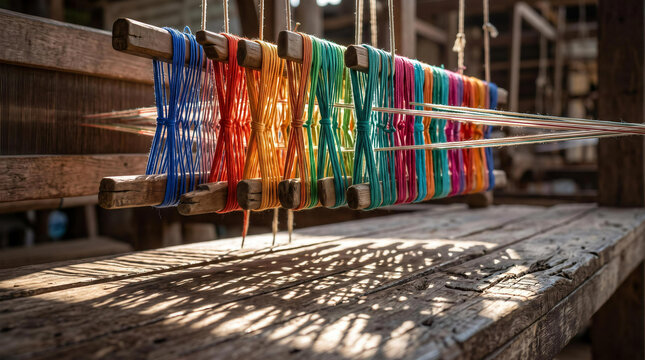 Close up of cotton yarn threads on traditional wooden handloom weaving apparatus in natural light