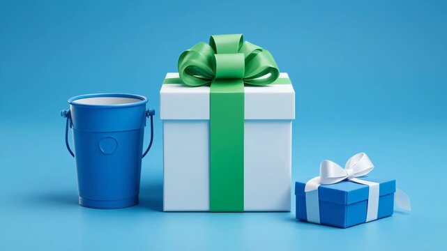 Gift boxes with ribbon and buckets on a blue background during a celebration
