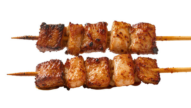 Isolated delicious grilled meat skewers on wooden sticks, savory barbecued food appetizer