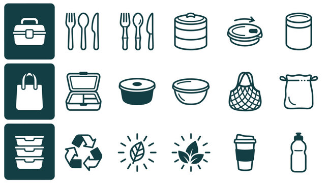 Flat line art icon set of zero waste food storage and eco-friendly items including bento boxes, reusable cutlery, shopping bags, recycle symbols, and portable containers.