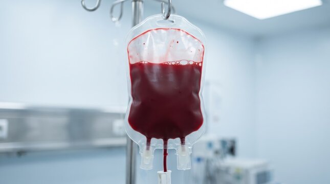Blood bag hanging on hospital drip stand for transfusion. Medical equipment for patient treatment in intensive care unit. Healthcare procedure and volunteer blood donation concept.
