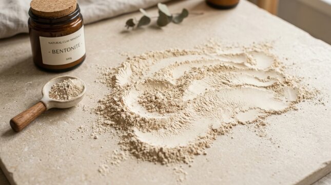 Clay mineral powder on stone surface. Natural cosmetic ingredient for skincare products.