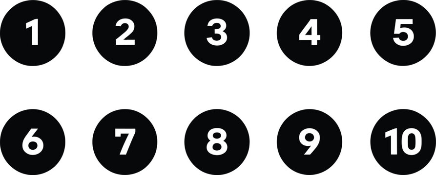 Collection of black circular icons with numbers 1 to 10 on a transparent background.