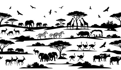 Seamless African wildlife silhouette landscape vector featuring rhinos giraffes elephants birds and savannah panorama isolated on white © MdShojib
