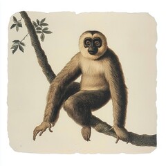 Fototapeta premium Calm gibbon perched on a tree branch with long arms and curious gaze on torn paper and cream background in a vintage natural history illustration