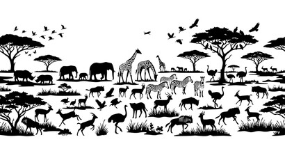African savannah wildlife seamless silhouette vector with rhinos giraffes birds and tropical landscape isolated on white background © MdShojib