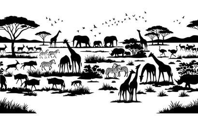 Premium African wildlife seamless silhouette vector panorama with rhinos giraffes birds and savannah landscape isolated on white background © MdShojib