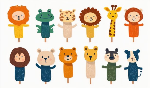 Twelve colorful smiling cartoon animal hand puppets on sticks arranged in two rows, playful cheerful characters on a clean white background