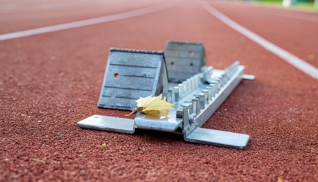 Heavy metal sprinter starting block planted in a red clay running track with a single dry maple leaf.