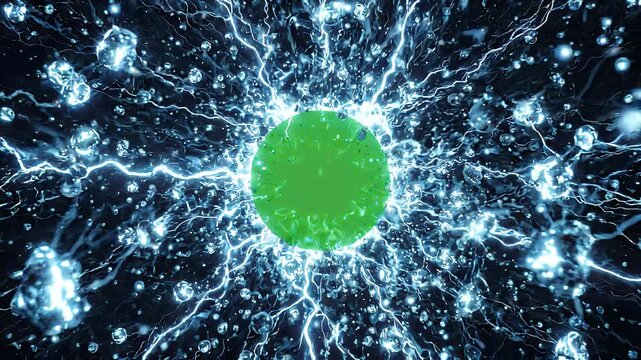 Water & Electric Energy Portal Green Screen. Glowing green screen circle frame surrounded by water droplets and electric lightning energy.