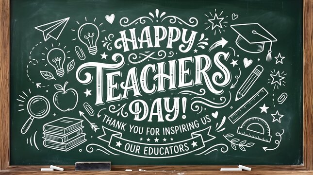 Happy teachers day chalk lettering design on a blackboard with school icons like books apple and graduation cap for an educational celebration greeting card or classroom poster