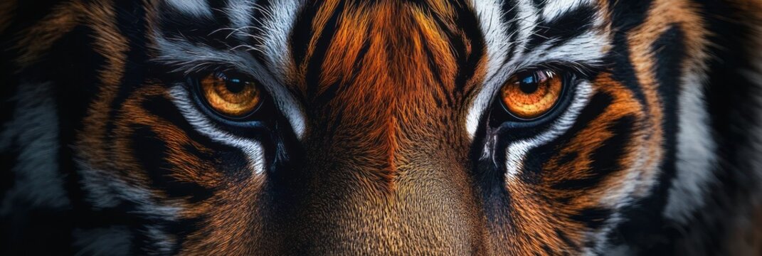 Close-up of tiger face with piercing amber eyes and bold black stripes conveying an intense, powerful, majestic stare